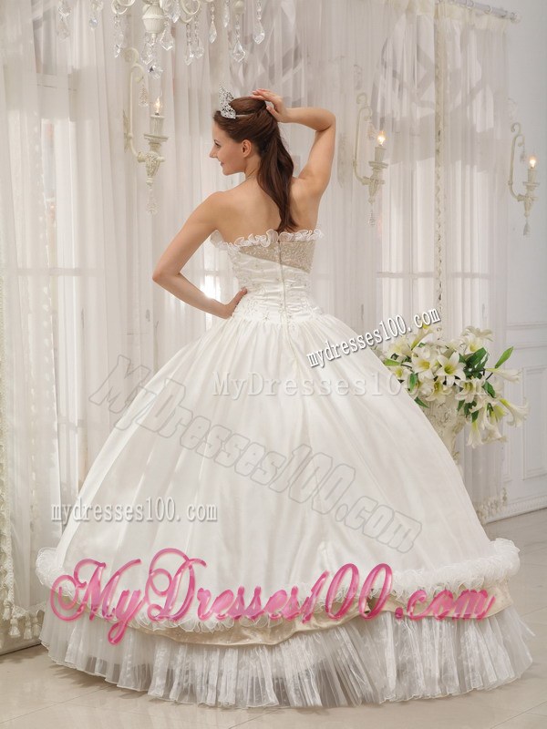 Discounted White Strapless Taffeta Beaded Quinceanera Dress with Embroidery