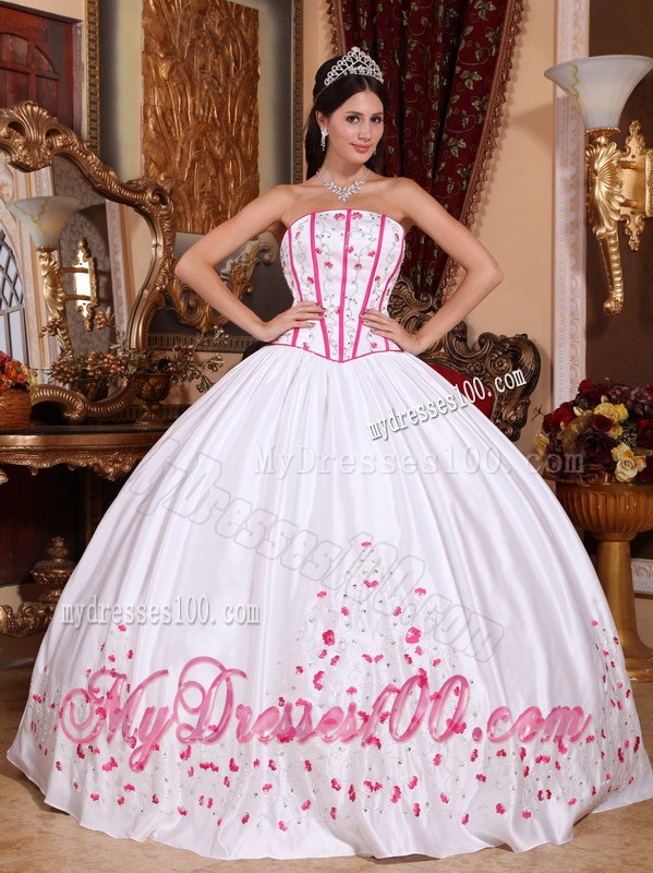 Long Strapless White and Pink Beading and Embroidery Quinceanera Dress