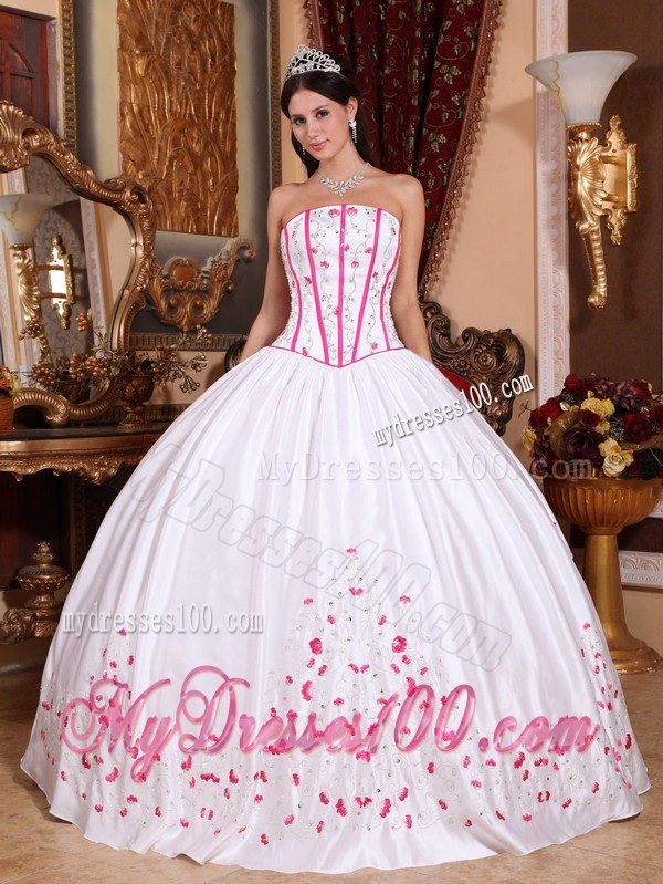 Long Strapless White and Pink Beading and Embroidery Quinceanera Dress
