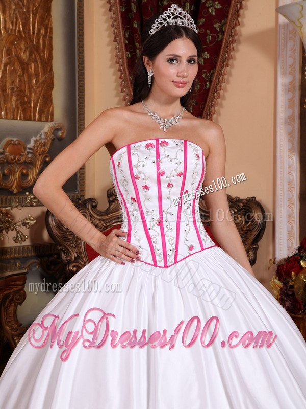 Long Strapless White and Pink Beading and Embroidery Quinceanera Dress
