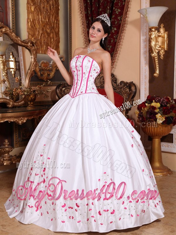 Long Strapless White and Pink Beading and Embroidery Quinceanera Dress