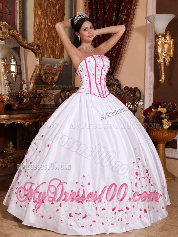 Long Strapless White and Pink Beading and Embroidery Quinceanera Dress