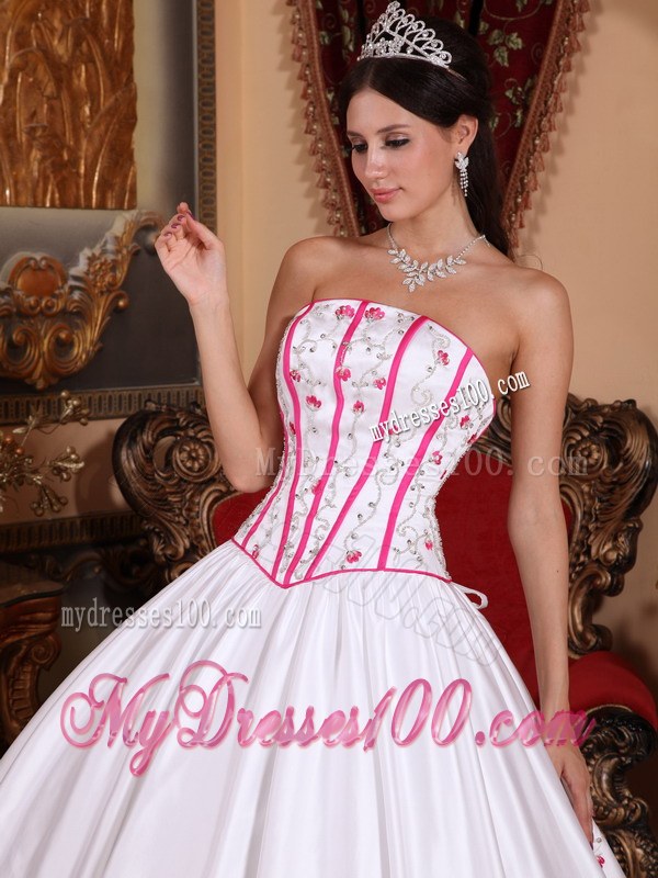 Long Strapless White and Pink Beading and Embroidery Quinceanera Dress