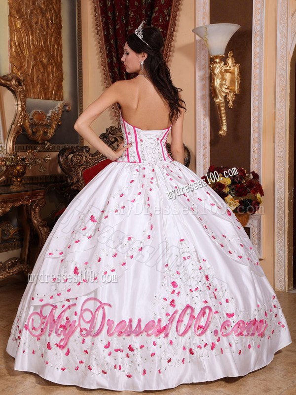 Long Strapless White and Pink Beading and Embroidery Quinceanera Dress