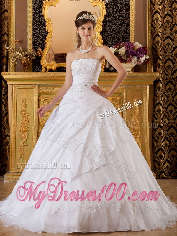 White Strapless Taffeta and Tulle Appliques Dress for Quince Lace-up