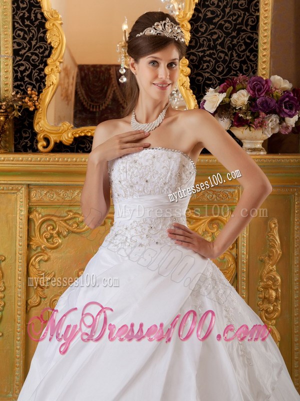 White Strapless Taffeta and Tulle Appliques Dress for Quince Lace-up