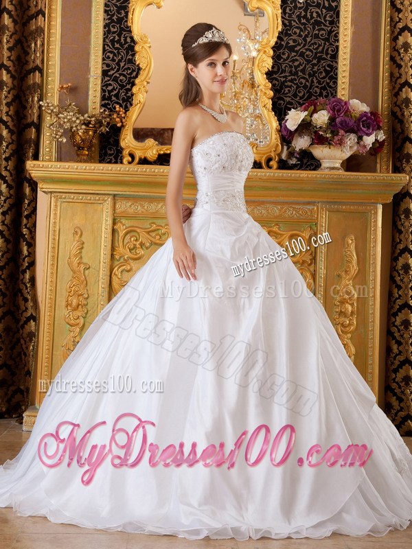 White Strapless Taffeta and Tulle Appliques Dress for Quince Lace-up