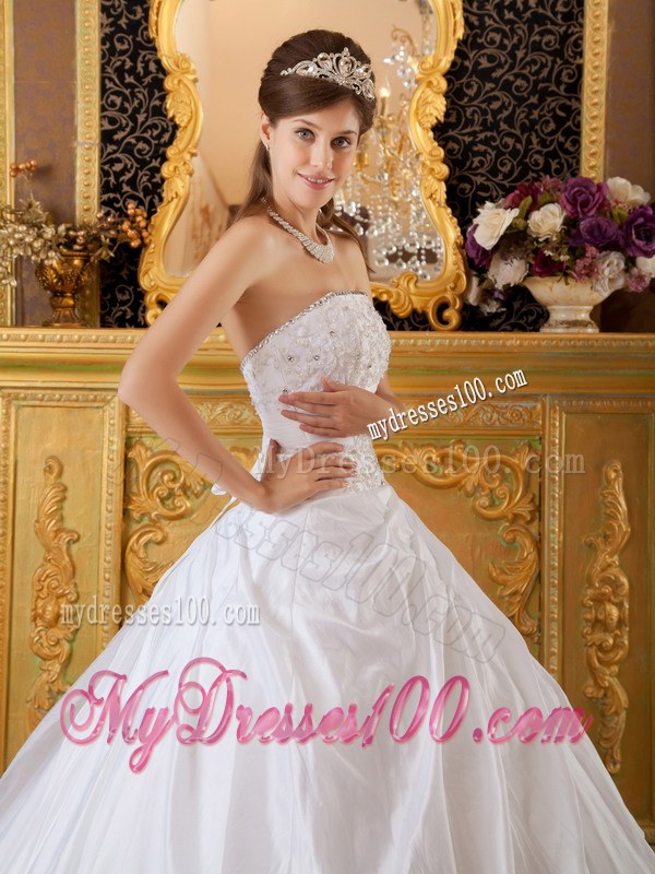 White Strapless Taffeta and Tulle Appliques Dress for Quince Lace-up