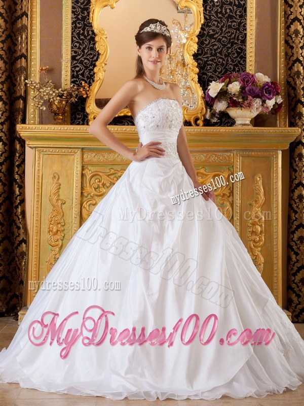 White Strapless Taffeta and Tulle Appliques Dress for Quince Lace-up