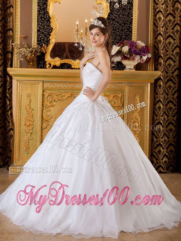 White Strapless Taffeta and Tulle Appliques Dress for Quince Lace-up