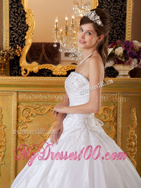 White Strapless Taffeta and Tulle Appliques Dress for Quince Lace-up
