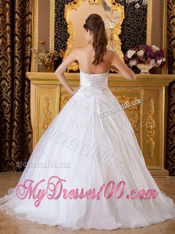 White Strapless Taffeta and Tulle Appliques Dress for Quince Lace-up