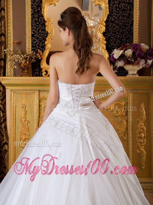 White Strapless Taffeta and Tulle Appliques Dress for Quince Lace-up