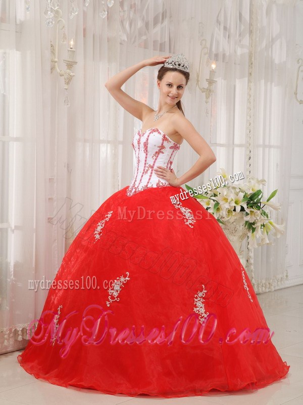White and Red Sweetheart Appliques Organza Sixteen Quinceanera Dresses