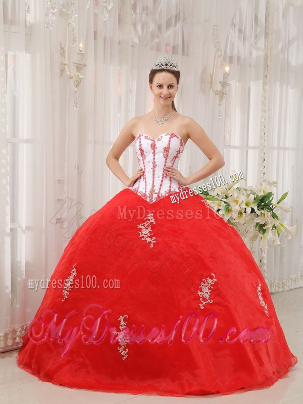 White and Red Sweetheart Appliques Organza Sixteen Quinceanera Dresses