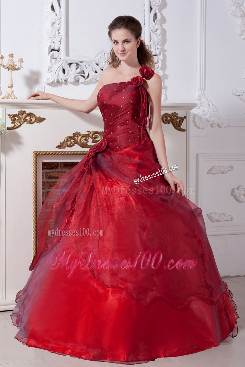 Flowery Single Shoulder Wine Red Quinceanera Dress with Beading