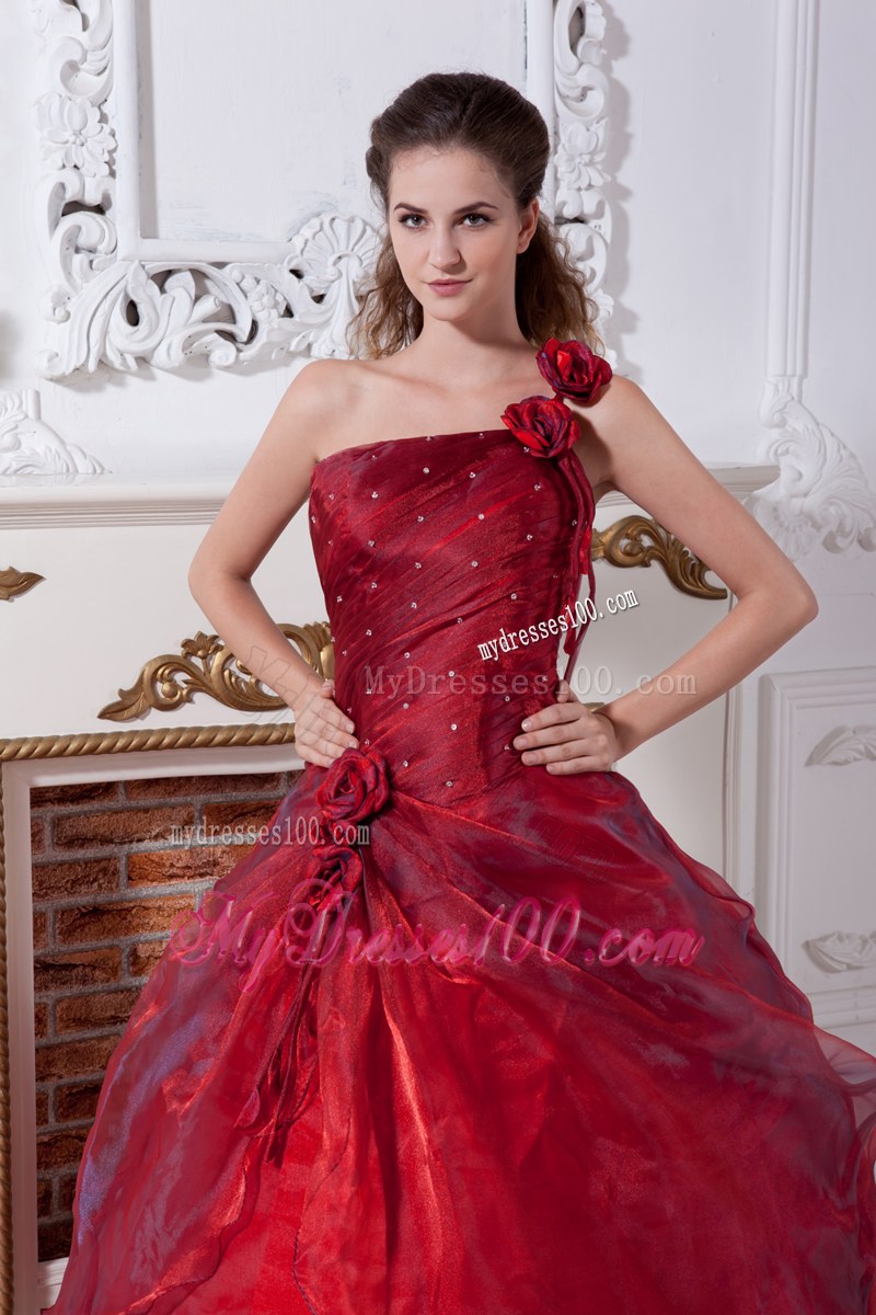 Flowery Single Shoulder Wine Red Quinceanera Dress with Beading