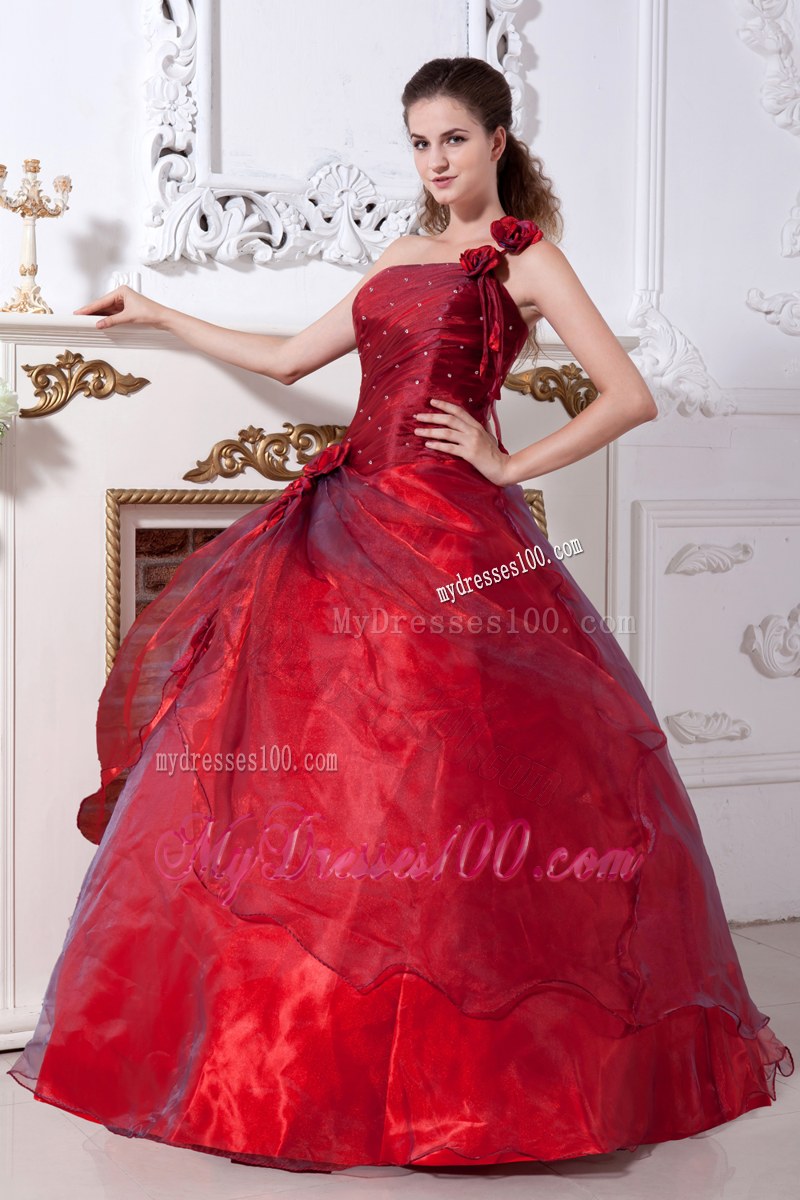 Flowery Single Shoulder Wine Red Quinceanera Dress with Beading