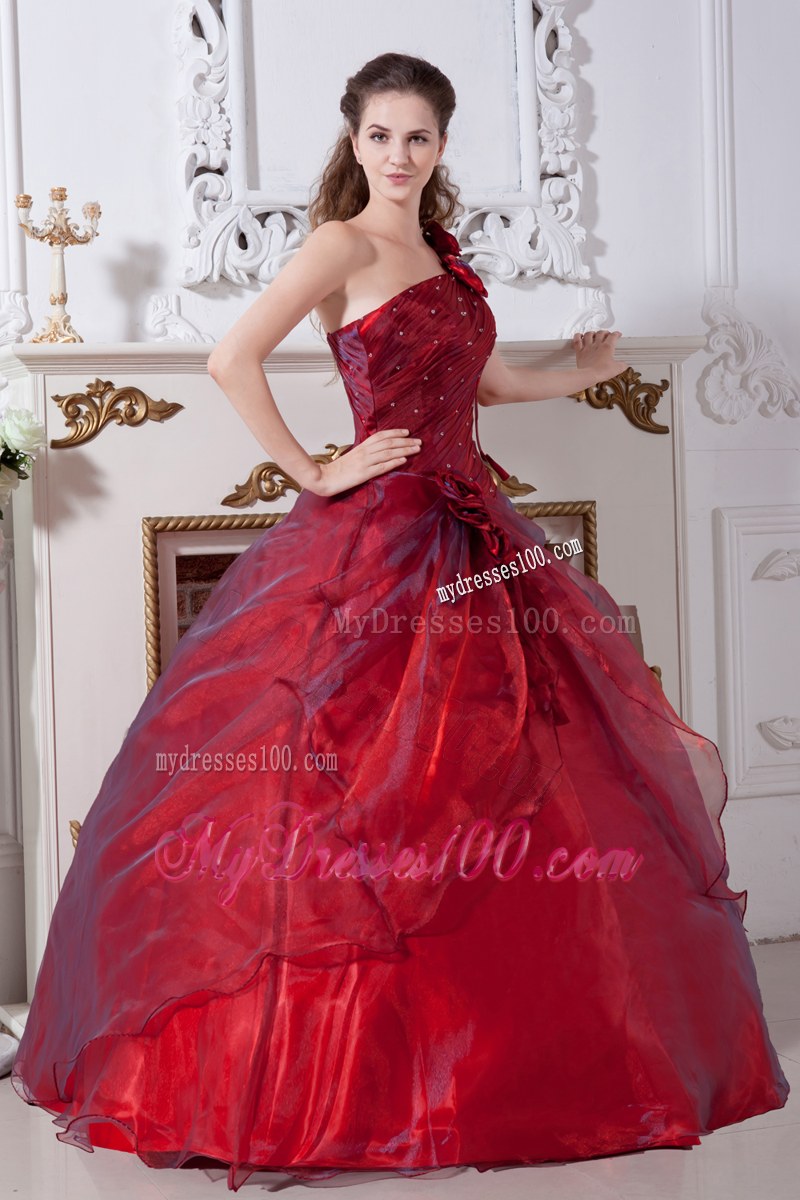 Flowery Single Shoulder Wine Red Quinceanera Dress with Beading