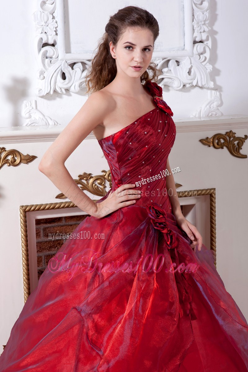 Flowery Single Shoulder Wine Red Quinceanera Dress with Beading