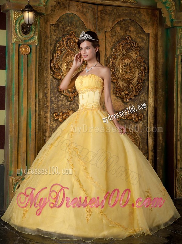 Yellow Ball Gown Strapless Appliques Corset Quinceanera Gown