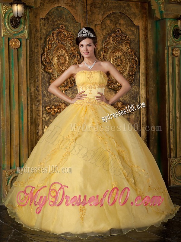 Yellow Ball Gown Strapless Appliques Corset Quinceanera Gown