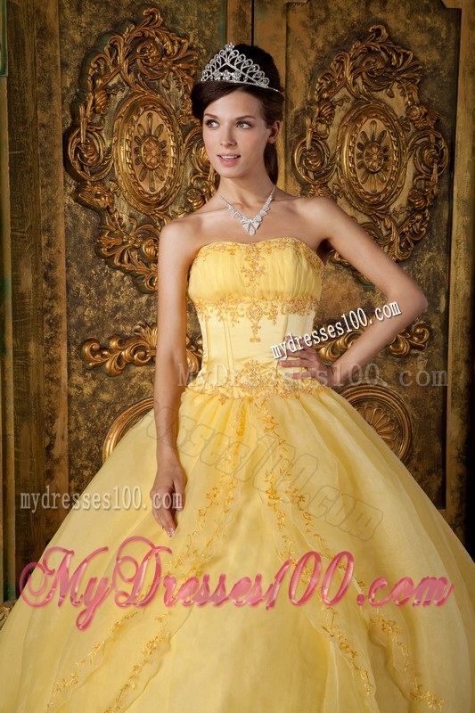 Yellow Ball Gown Strapless Appliques Corset Quinceanera Gown
