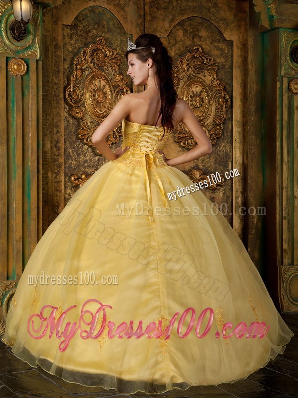 Yellow Ball Gown Strapless Appliques Corset Quinceanera Gown