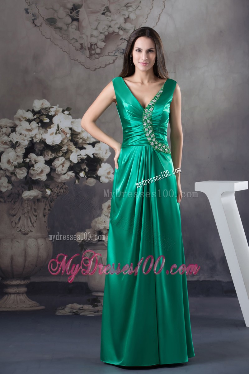 2013 Beading V-neck Green long Column Prom Dress