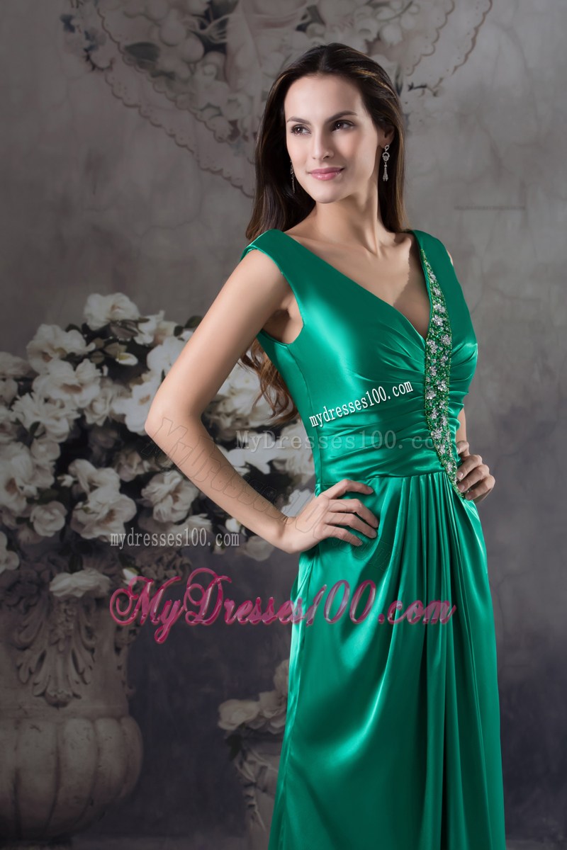 2013 Beading V-neck Green long Column Prom Dress