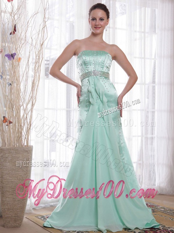 Apple Green Column Strapless Brush Train Beading 2013 Prom Dress