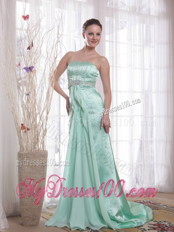 Apple Green Column Strapless Brush Train Beading 2013 Prom Dress