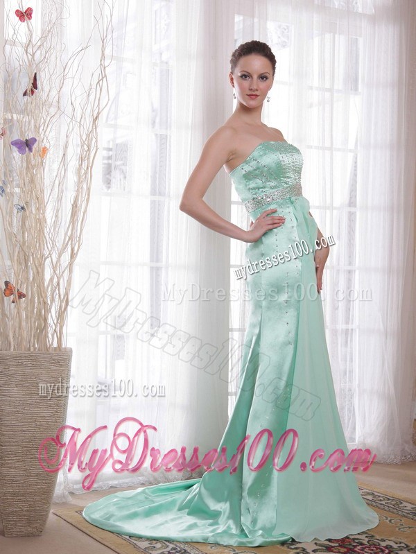 Apple Green Column Strapless Brush Train Beading 2013 Prom Dress