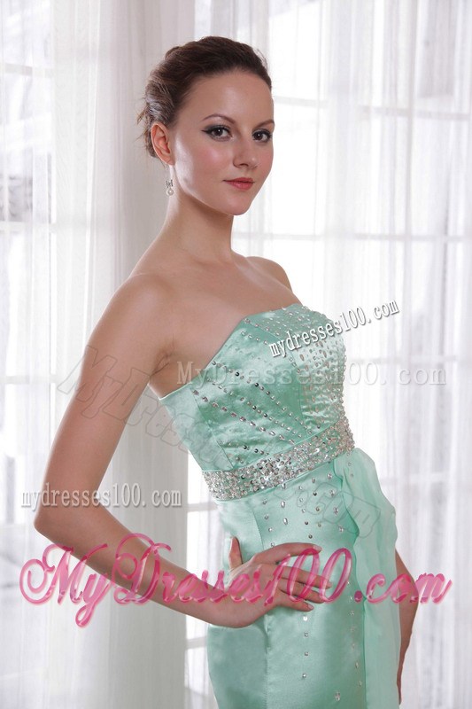Apple Green Column Strapless Brush Train Beading 2013 Prom Dress