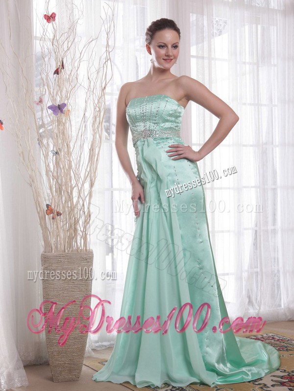 Apple Green Column Strapless Brush Train Beading 2013 Prom Dress