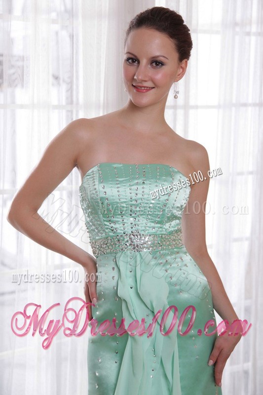 Apple Green Column Strapless Brush Train Beading 2013 Prom Dress