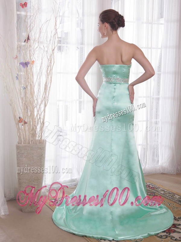 Apple Green Column Strapless Brush Train Beading 2013 Prom Dress