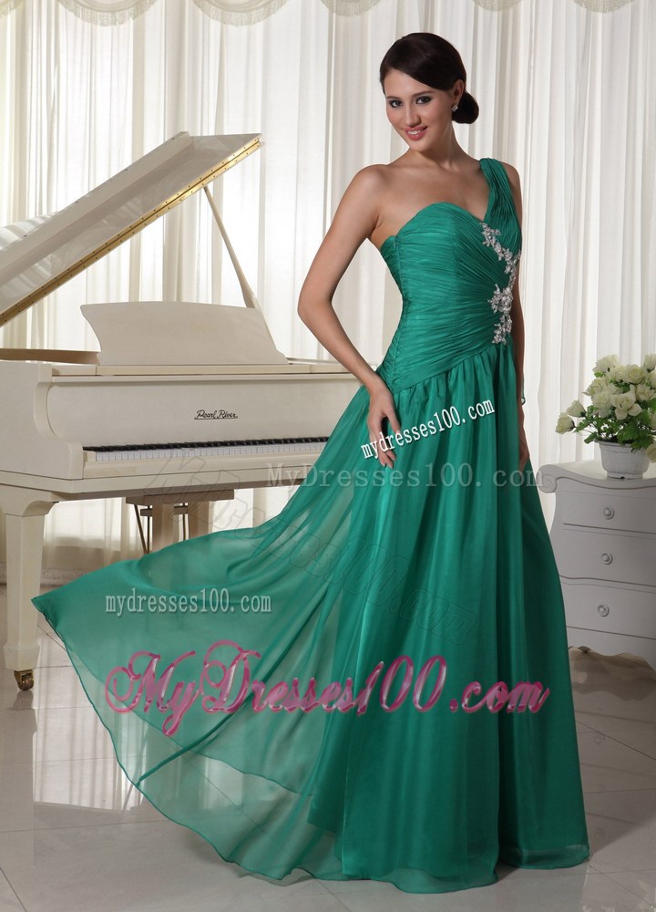 Turquoise One Shoulder Appliques Prom Dresses With Watteau Train