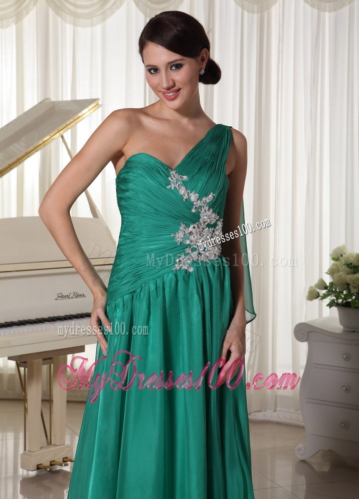 Turquoise One Shoulder Appliques Prom Dresses With Watteau Train