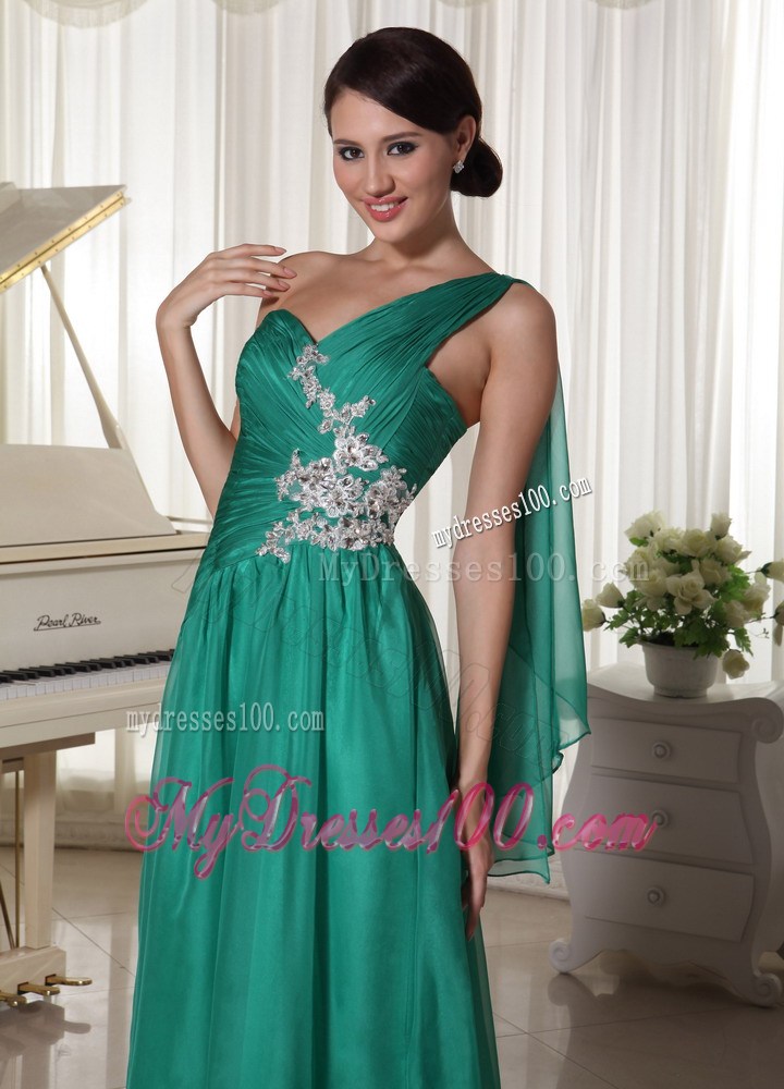 Turquoise One Shoulder Appliques Prom Dresses With Watteau Train