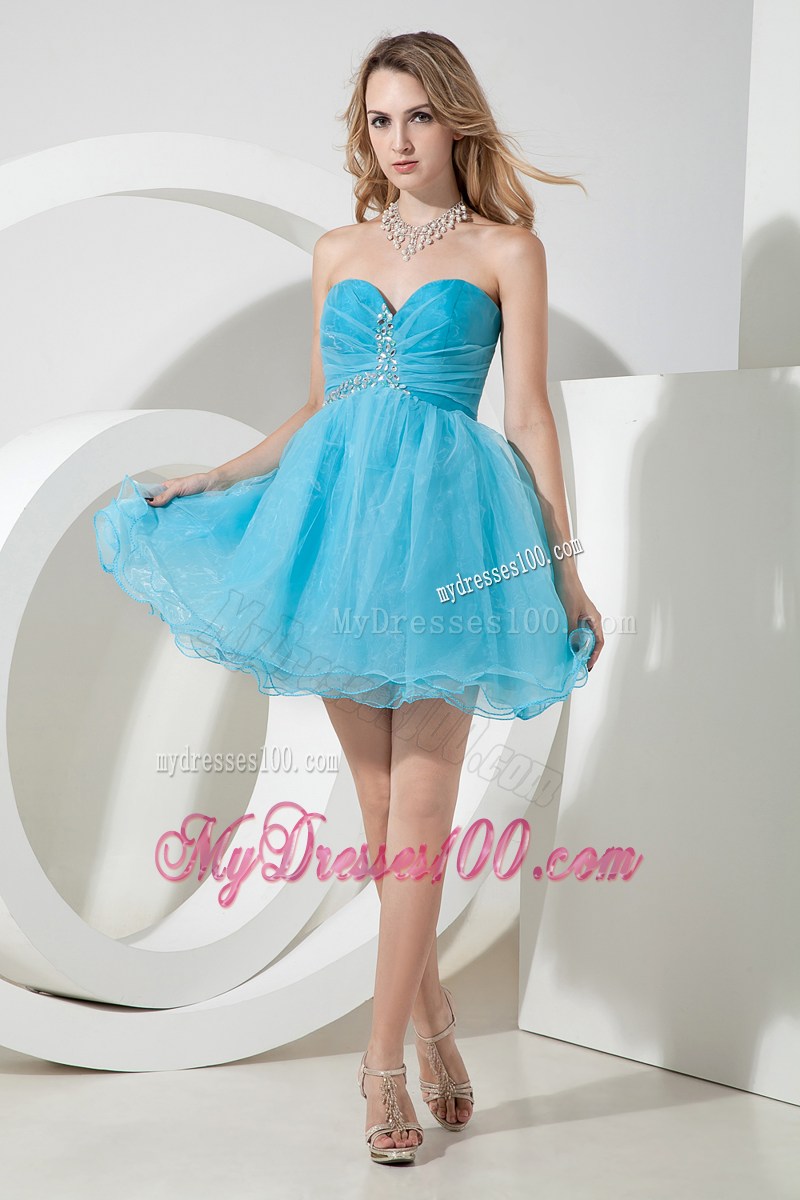 Pretty Aqua Blue Princess Sweetheart Mini-length Beading Prom Dress