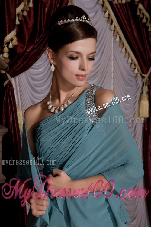 Luxurious Blue Empire Prom Dress One Shoulder Beading Brush Train