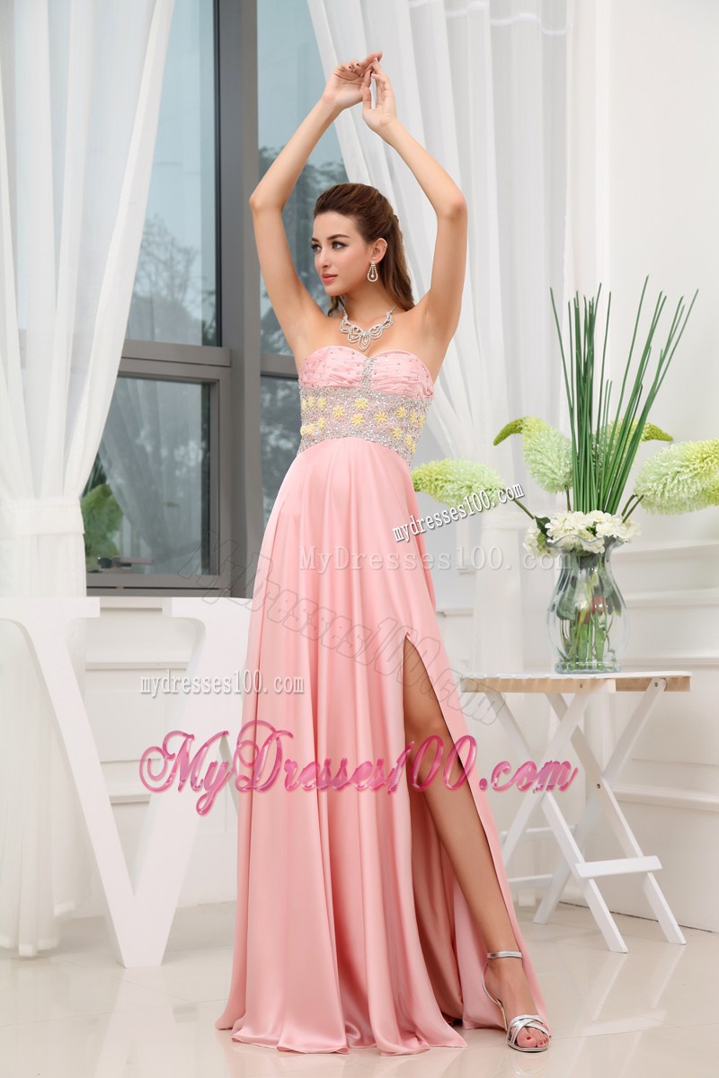 Baby Pink Beading High Slit Sweetheart Prom Dress