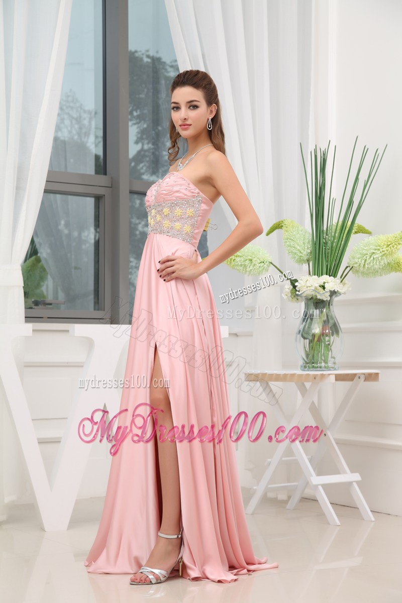 Baby Pink Beading High Slit Sweetheart Prom Dress