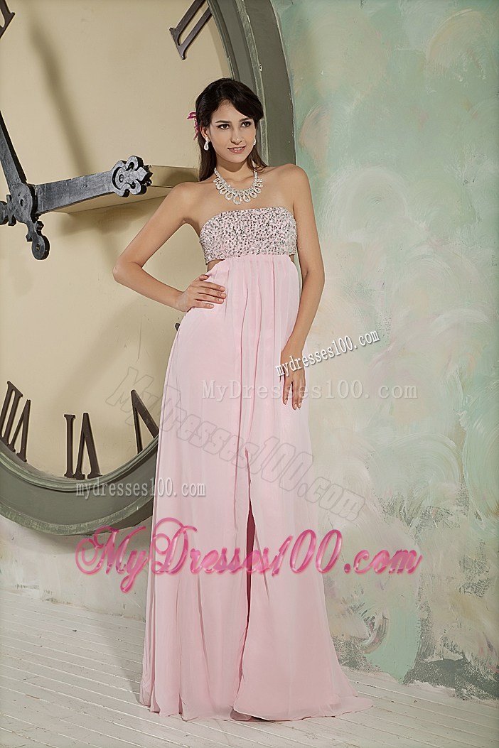 Customize Baby Pink Long Prom Dresses Empire Strapless Beading