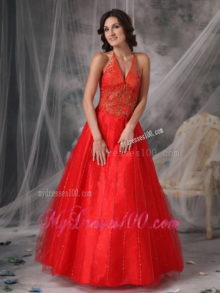 Unique Red Halter New Prom Dresses Beading and Appliques