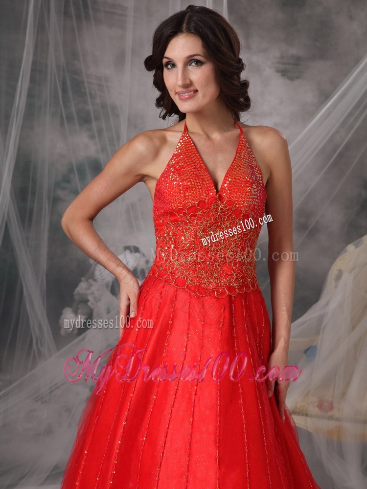 Unique Red Halter New Prom Dresses Beading and Appliques