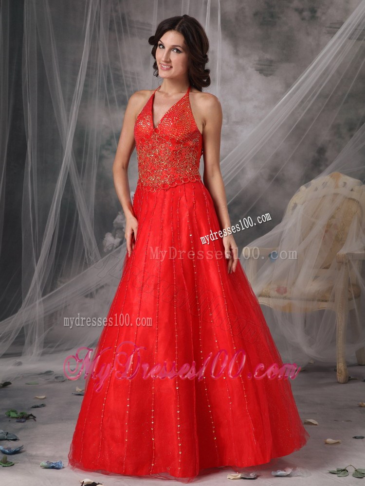 Unique Red Halter New Prom Dresses Beading and Appliques
