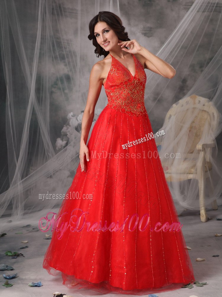 Unique Red Halter New Prom Dresses Beading and Appliques