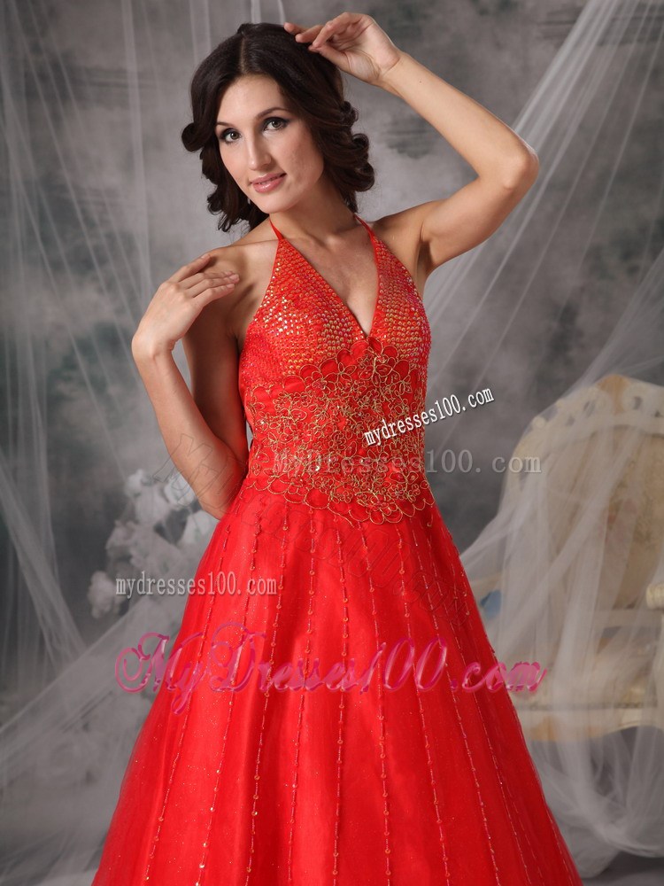 Unique Red Halter New Prom Dresses Beading and Appliques